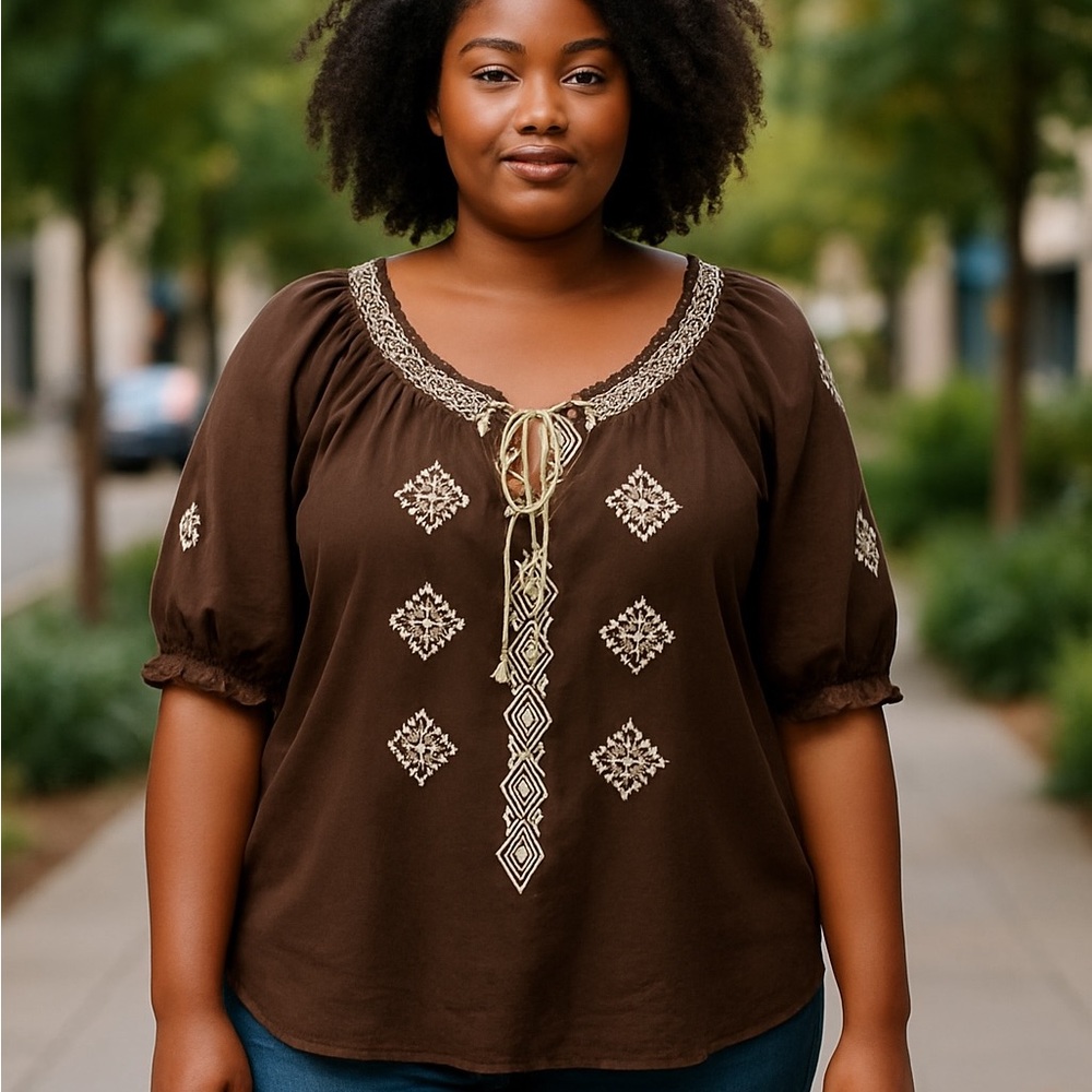 Karen Kane Brown Blouse with White Embroidery - Picture 1 of 10